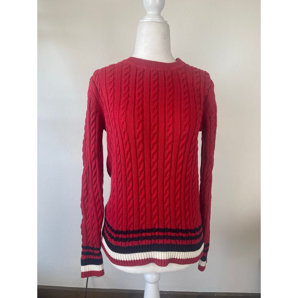 Vintage 100% Cotton Tommy Hilfiger Red Classic Striped Cable Knit Sweater Size S
